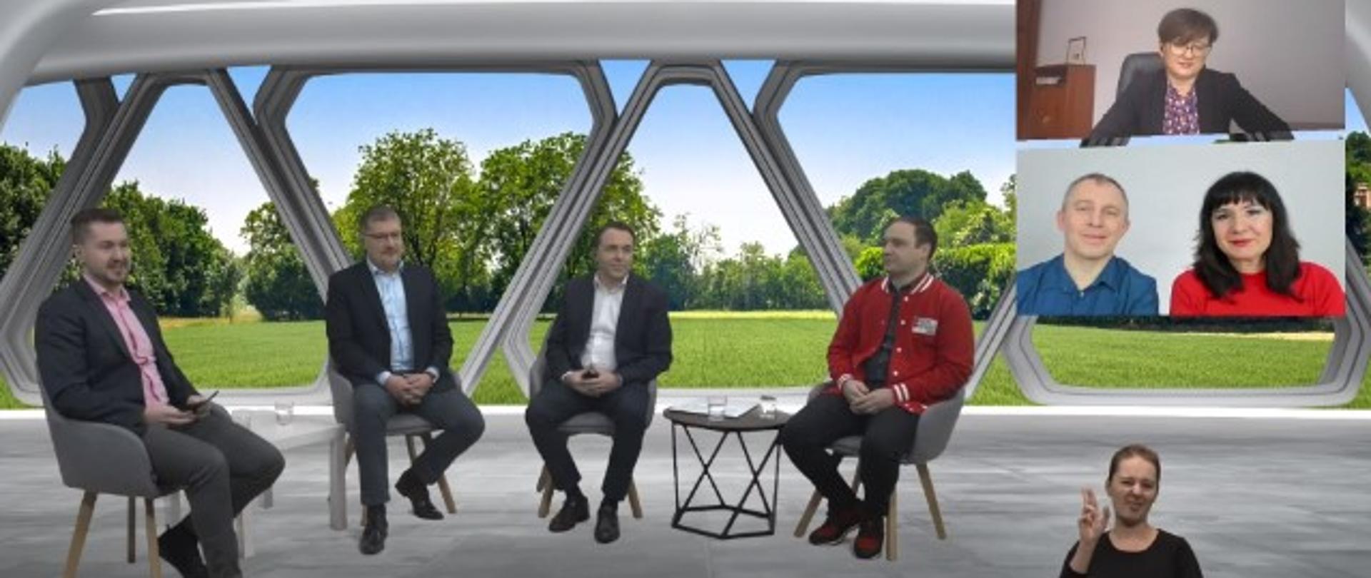 Górne okno – Małgorzata Szczepańska, dyrektor Departamentu Programów Wsparcia Innowacji i Rozwoju w Ministerstwie Funduszy i Polityki Regionalnej
Dolne okno – Aleksandra i Piotr Stanisławscy, autorzy bloga popularnonaukowego Crazy Nauka
Na samym dole tłumaczka języka migowego
