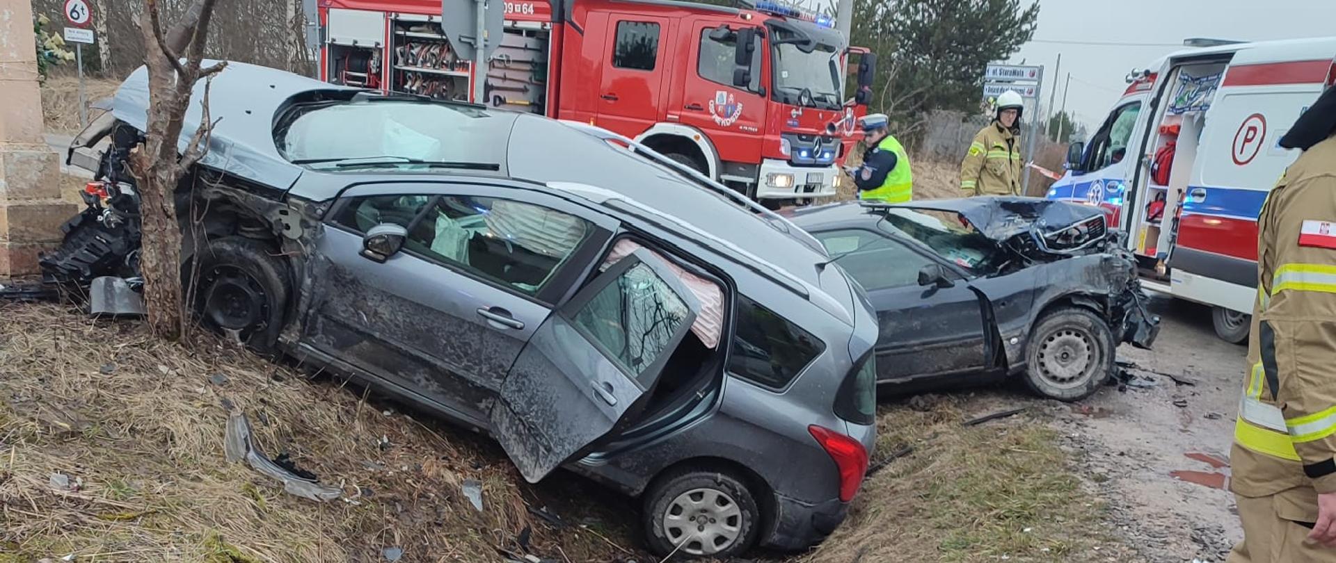 Zdjęcie przedstawia dwa uszkodzone auta znajdujące się w przydrożnym rowie. Za nimi po prawej stronie stoi ambulans, a po lewej samochód pożarniczy. Na dnie rowu widać oderwane fragmenty uszkodzonych samochodów.
