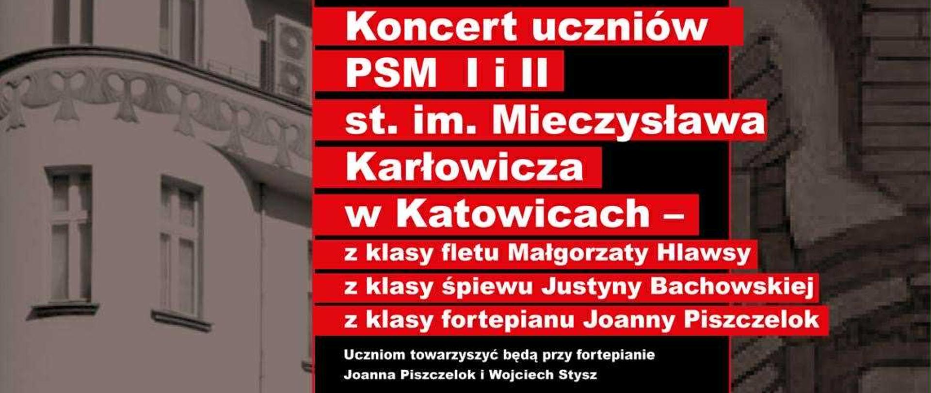 „Plakat koncertu zimowego w Muzeum Historii Katowic. Czarno-czerwony projekt z białym tekstem informuje o koncercie uczniów PSM I i II stopnia im. Mieczysława Karłowicza w Katowicach, z klas fletu, śpiewu i fortepianu. Wydarzenie odbędzie się 9 grudnia 2025 o godzinie 17:30 w Muzeum Historii Katowic przy ul. ks. J. Szafranka 9.”