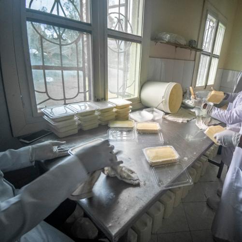 Kobiety w fartuchach i siatkach na włosach pakują masło do pojemników.