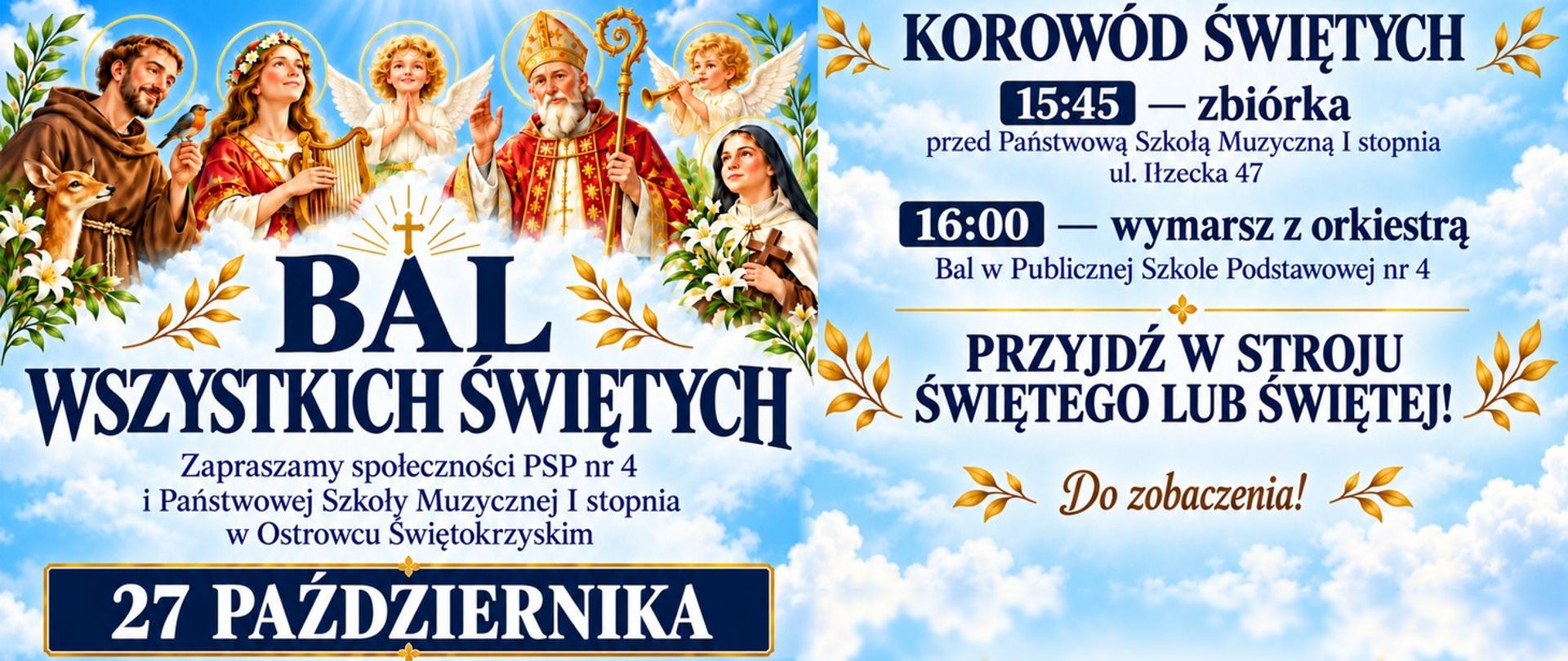 granatowe litery na tle nieba z chmurami z postaciami świętych, informujące o wydarzeniu