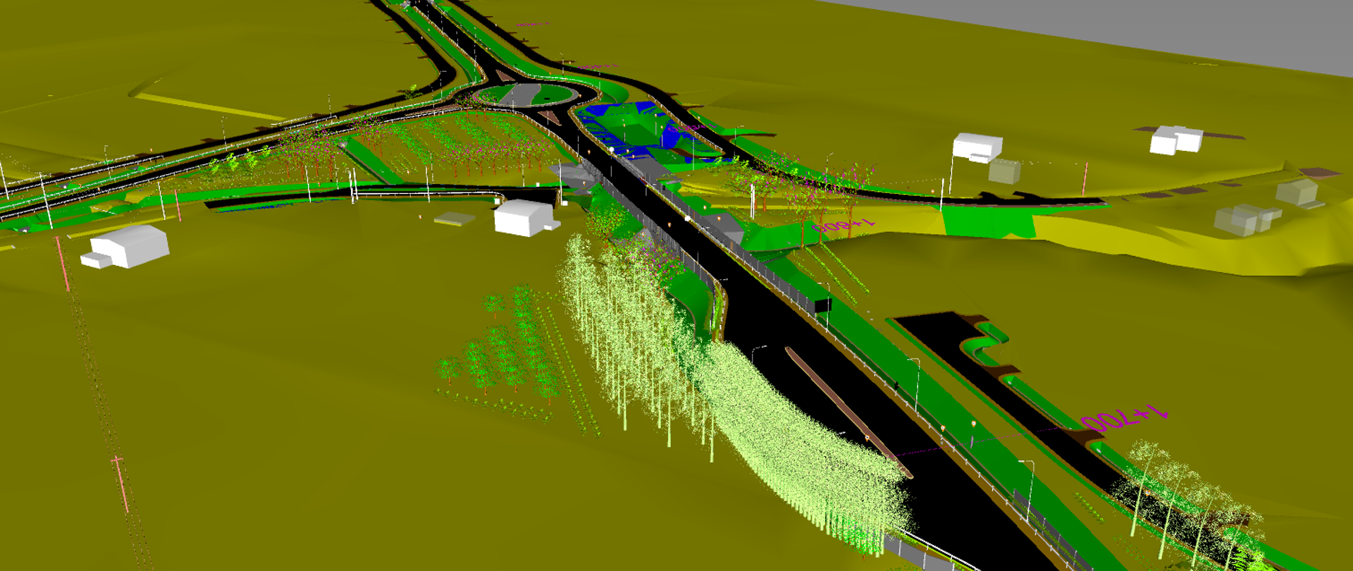 wizualizacja przebiegu obwodnicy Zatora, w centrum rondo, wzdłuż drogi budynki i drzewa