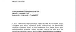 Dokument z życzeniami Ministra Spraw Wewnętrznych i Administracji skierowanymi do strażaków PSP i OSP.