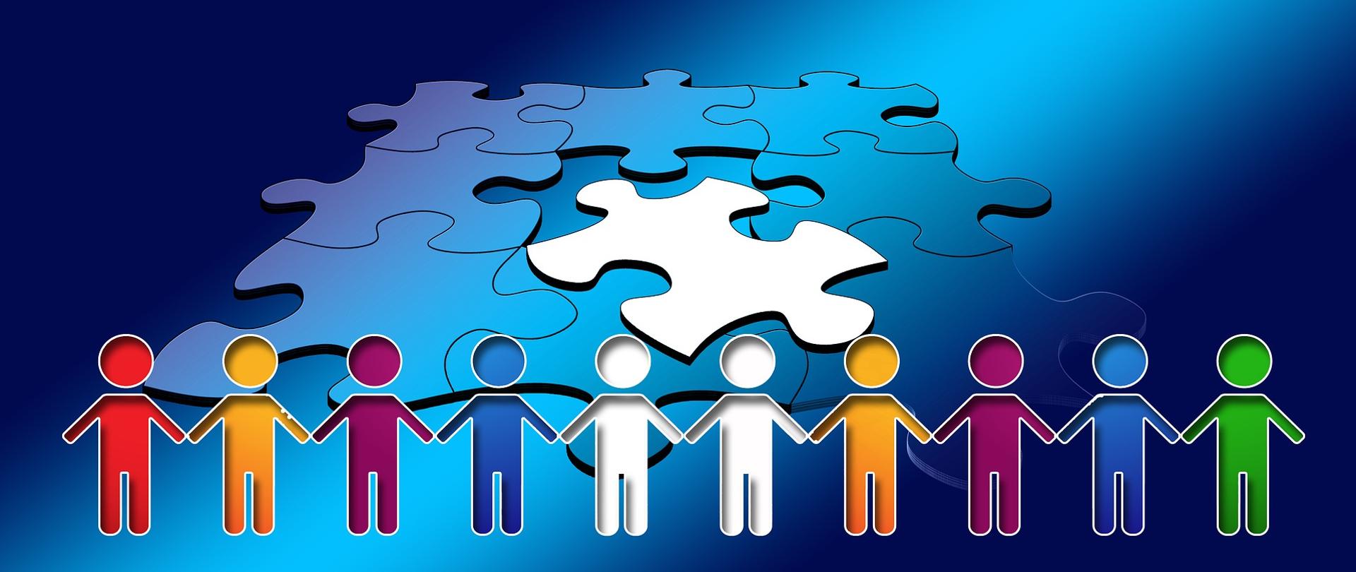 grafika postacie różnokolorowe trzymają się za ręce