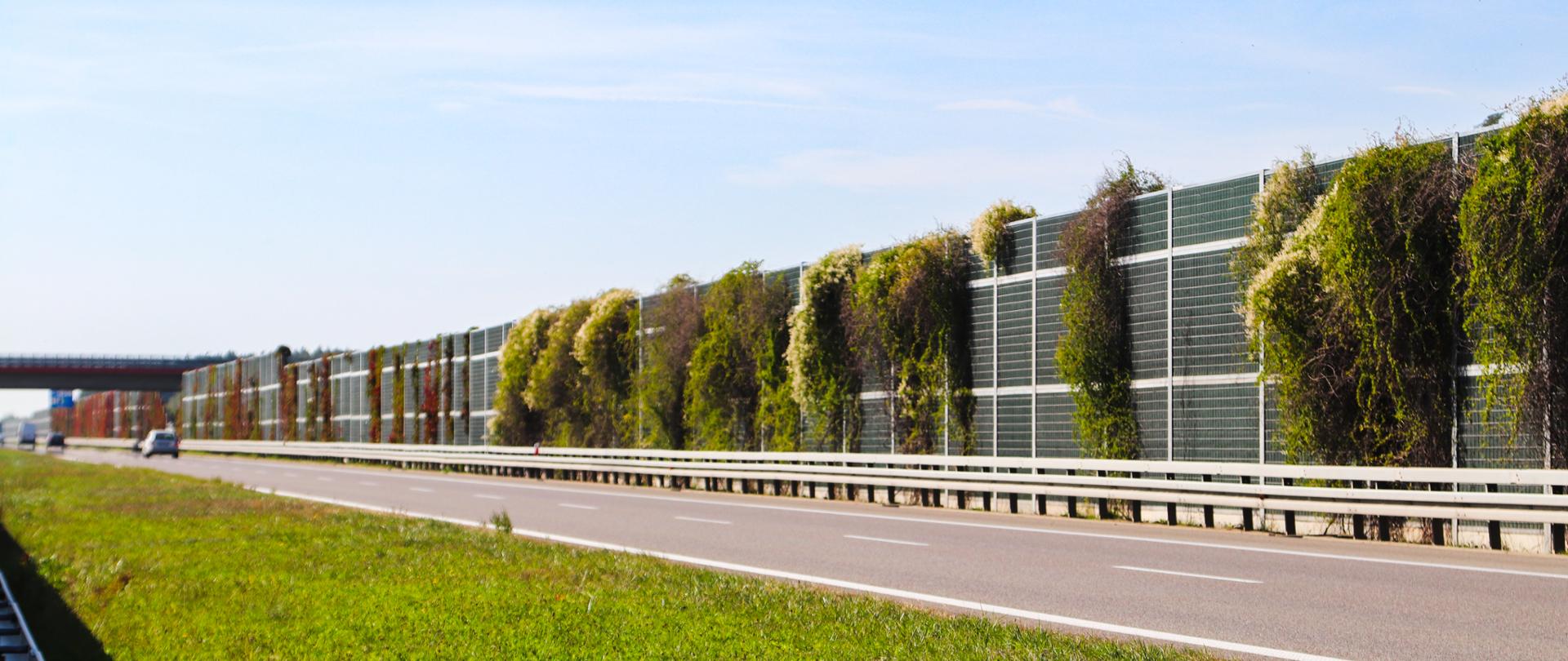 Zdjęcie przedstawia jezdnię dwupasmową i ekrany akustyczne pokryte zielenią.