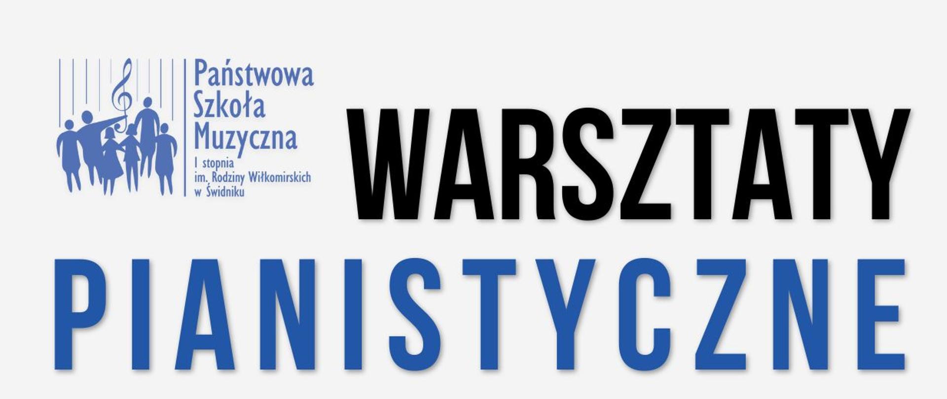 Po lewej stronie na białym tle logo szkoły, poniżej tekst Warsztaty pianistyczne prowadzenie dr Krzysztof Książek Akademia Muzyczna im. Krzysztofa Pendereckiego w Krakowie, poniedziałek 11 marca 2024 godzina 10.00, sala koncertowa PSM w Świdniku ul .Króla Pole 7, po prawej grafika w kolorach niebieskim, i czarnym, zdjęcie twarzy. 