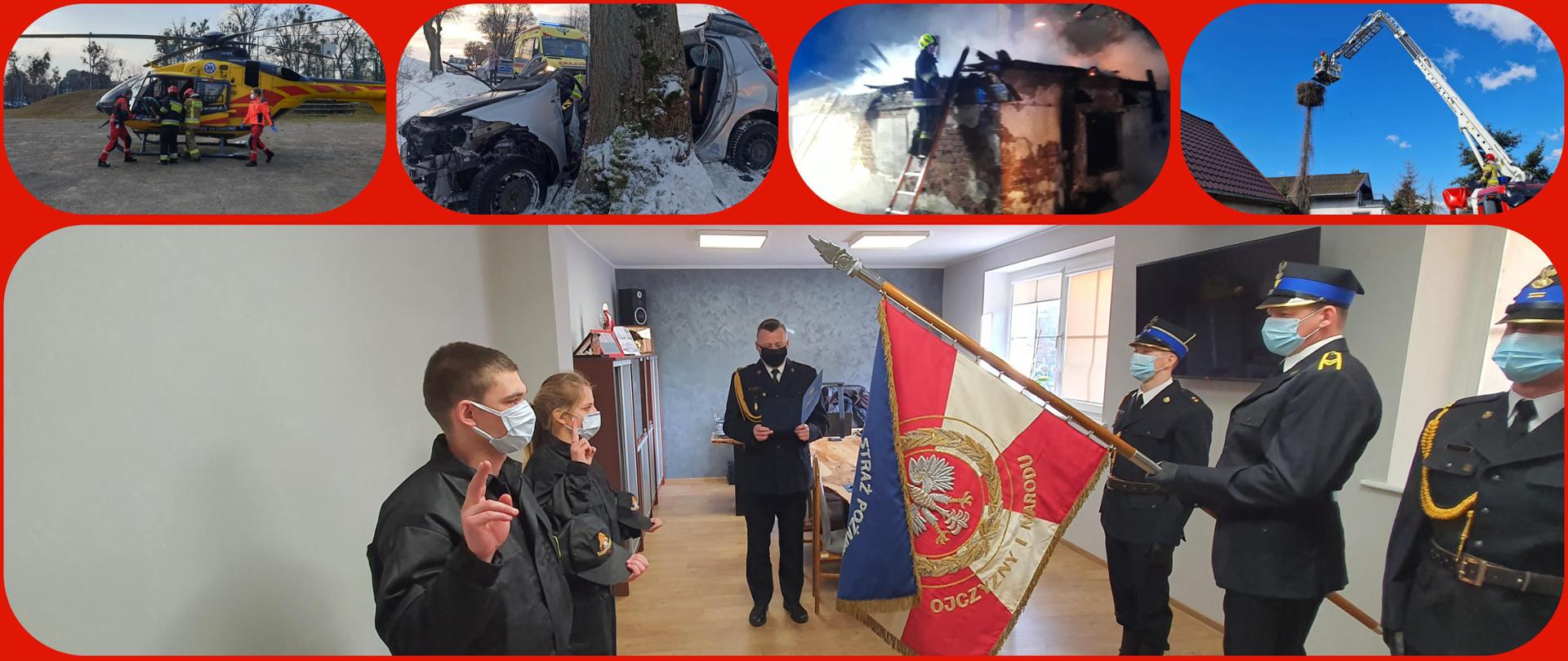 Zdjęcie przedstawia kompilację 9 fotografii. W środku dwoje funkcjonariuszy składa ślubowanie na sztandar PSP. Pozostałe miniaturowe zdjęcia przedstawiają akcje ratowniczo –gaśnicze.