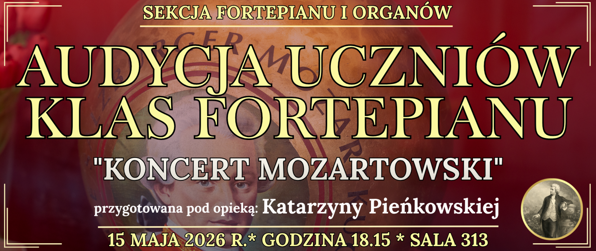 baner w tle twarz Mozarta na dole po prawej w kole postać Mozarta oraz informacja o wydarzeniu