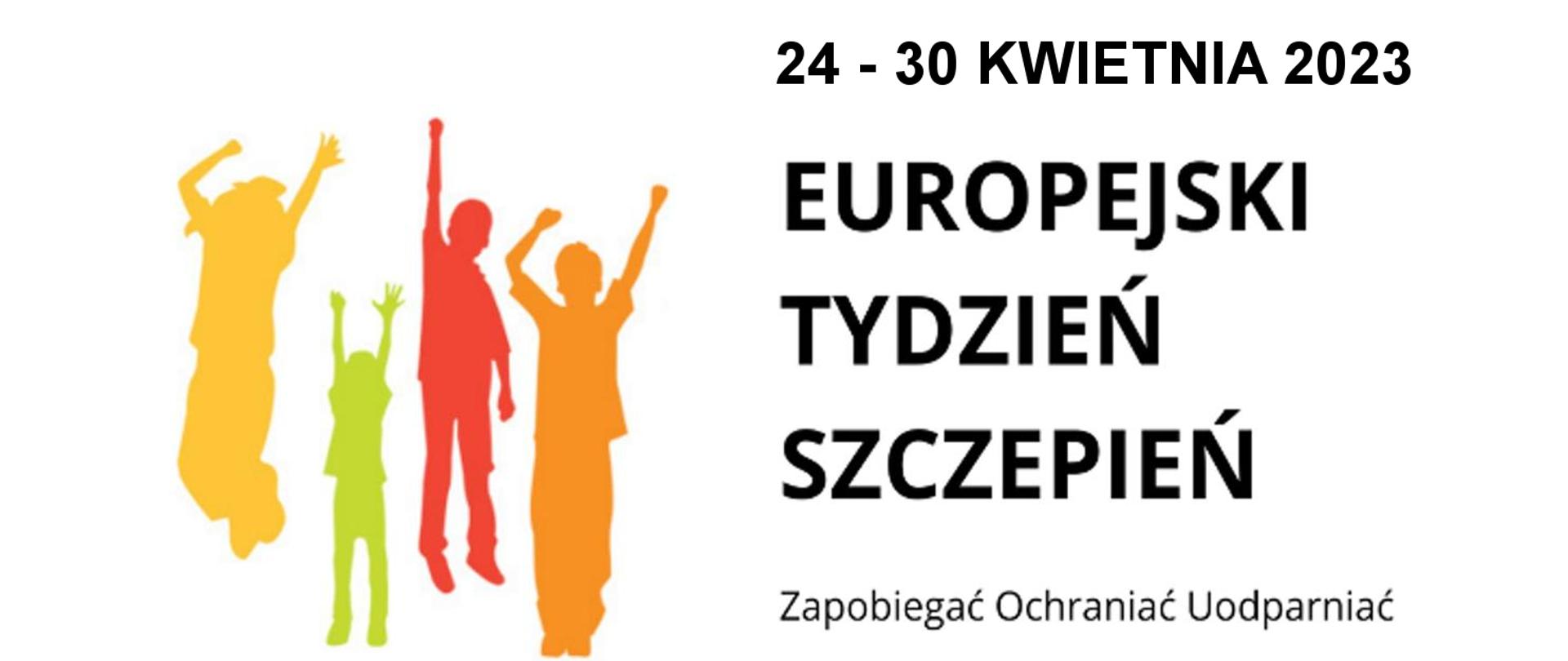 Grafika Europejskiego Tygodnia Szczepień przedstawiająca kolorowe, ludzkie sylwetki. Po prawej stronie napis Europejski Tydzień Szczepień, Zapobiegać Ochraniać Uodparniać