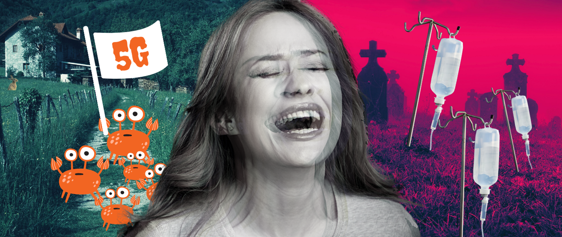 Po lewej stronie grafiki widzimy grupę rysunkowych, pomarańczowych raków maszerujących polną drogą od strony widocznego w tle wiejskiego domu. W trawie w pobliżu drogi przycupnął Zając. po prawej stronie umieszczono zdjęcie starego cmentarza w tonacji różowej. Pośród nagrobków z ziemi wystają szpitalne stojaki z kroplówkami. W centrum grafiki, na pierwszym planie lekko rozmazane zdjęcie krzyczącej, zdesperowanej kobiety.