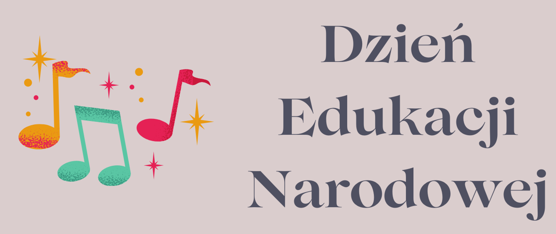 Czarne napisy na fioletowym tle. U dołu grafika przedstawiająca płytę gramofonową z elementami nut.