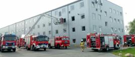 Zdjęcie przedstawia 6 samochodów strażackich i strażaków podczas ćwiczeń.