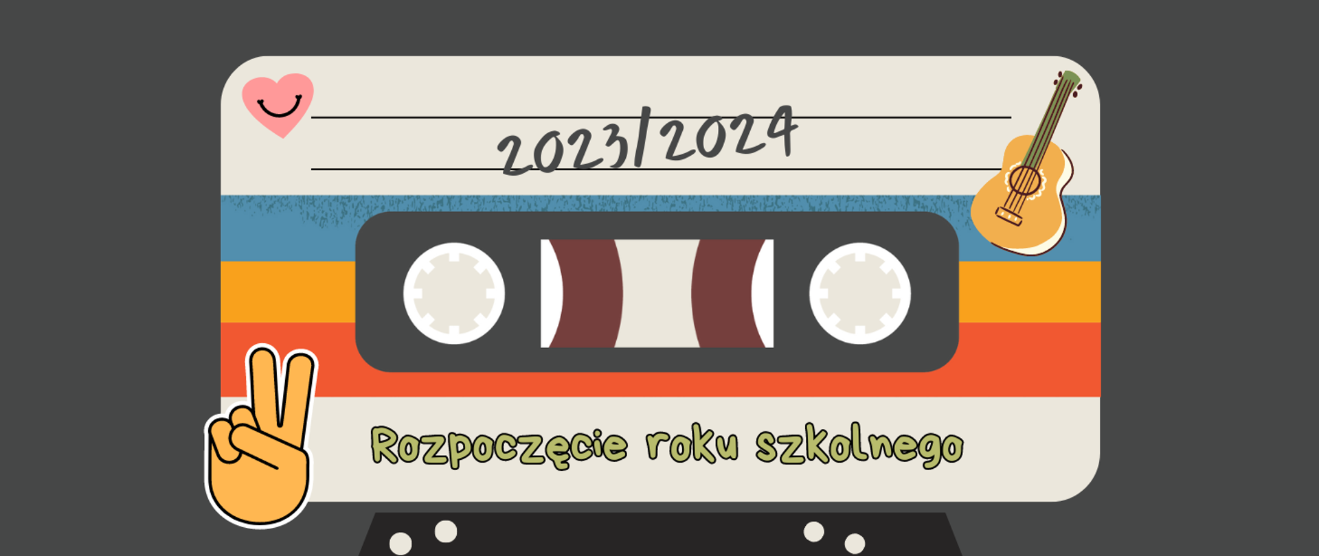 Grafika na grafitowym tle z motywem taśmy magnetofonowej i tekstem "Rozpoczęcie roku szkolnego 2023/2024"