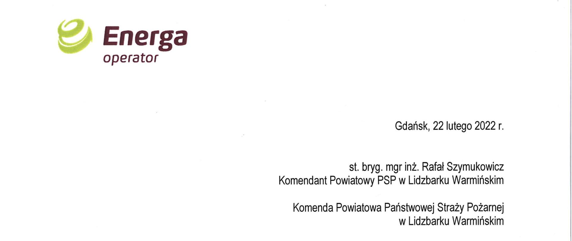 Energa podziękowanie w formie listu za pomoc w walce ze skutkami silnych wiatrów
