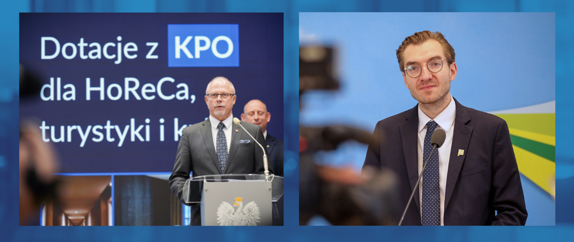Na kolażu dwóch zdjęć - wiceministrowie Jacek Protas i Jan Szyszko przed mikrofonami podczas konferencji