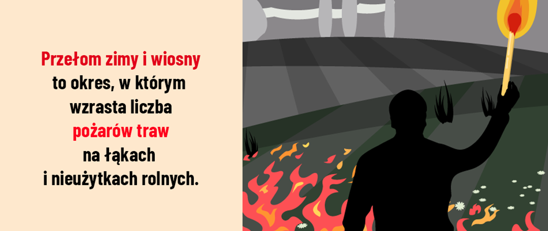 Zdjęcie przedstawia plakat promujący akcję pod tytułem nie dla wypalania traw. W lewej części zdjęcia znajduje się tekst w kolorze czerwonym i czarnym informujący o zagrożeniach związanych z wypalaniem traw. Po prawej stronie zdjęcia umieszczona jest grafika. Widać na niej stojącego mężczyznę. Mężczyzna w kolorze czarnym. Prawą rękę trzyma uniesioną do góry. W niej trzyma zapalona pochodnię. Przed nimi widać łąkę w kolorze zielonym. W oddali na łące widać czerwone oraz żółte płomienie. 