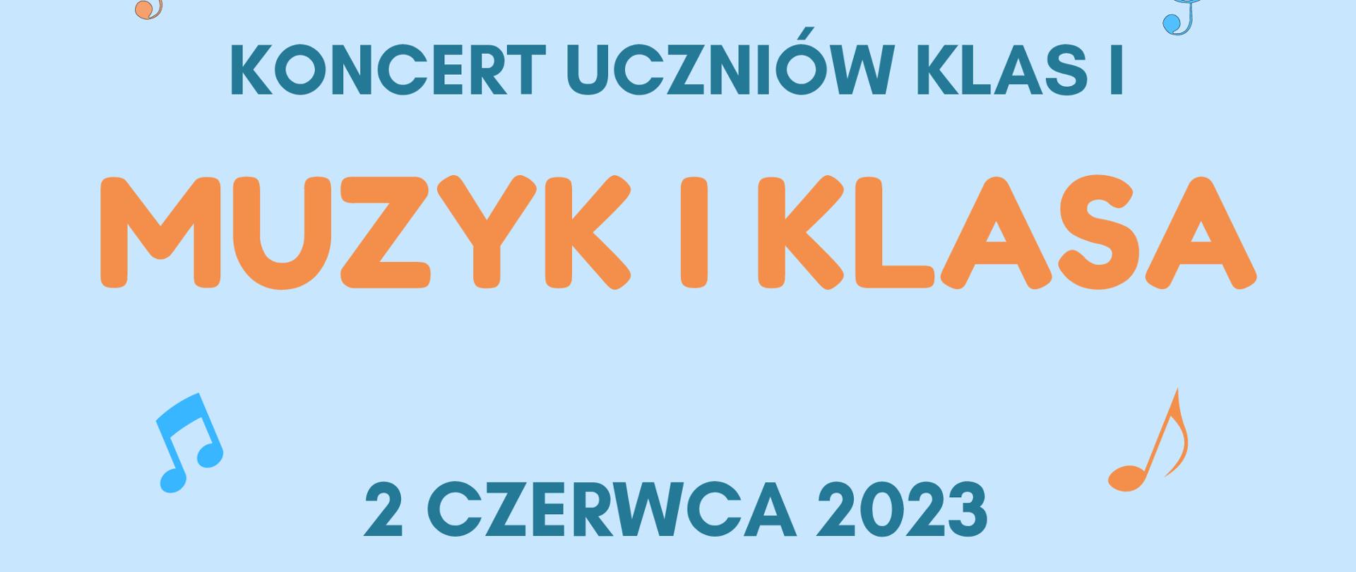 na blado niebieskim tle od góry mieszczone są napisy od góry : Pełna nazwa szkoły, na środku wyraźnie większa czcionką nazwa koncertu MUZYK PIERWSZA KLASA i poniżej termin - data i godzina. w stopce plakatu na odciętym żółtym tle miejsce koncertu. Na plakacie umieszczone są grafiki przedstawiające w środkowej części pod terminem koncert dwoje dzieci grającąch na przeciwko siebie. jedno grta na trąbce drugie gra na bębenku. Na plakacie w centrsalknej części umieszczone są cztery małe symbole nut i kluczy wiolinowych.