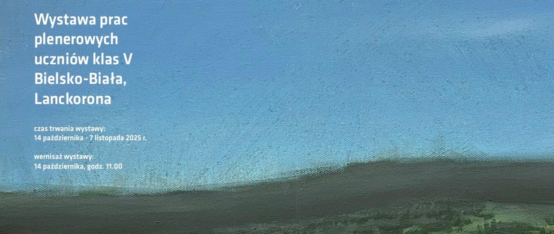 Fragment obrazu przedstawiającego pejzaż z zielonymi pagórkami, błękitnym niebem, na pierwszy planie dachy drewnianych domów