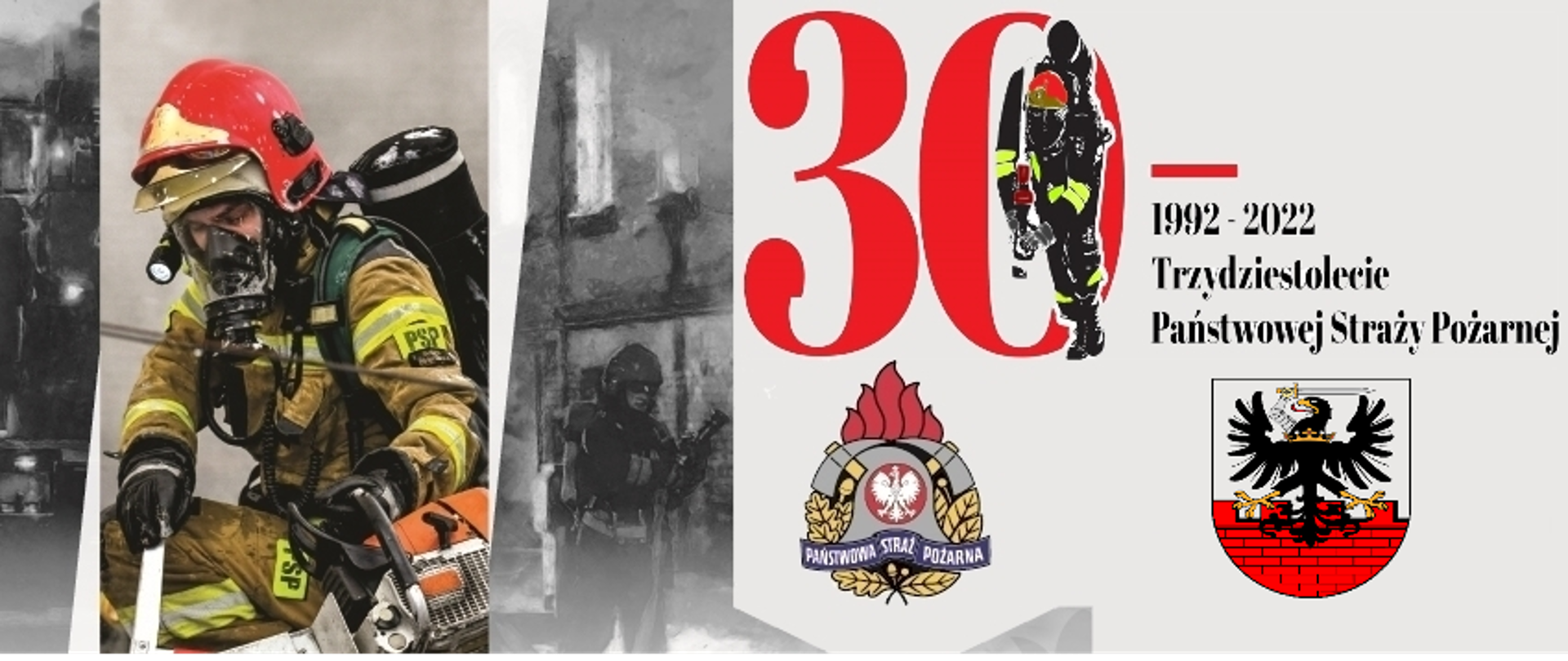 Grafika przedstawiająca strażaka w czerwonym hełmie i piaskowym ubraniu oraz logo PSP i miasta Malbork