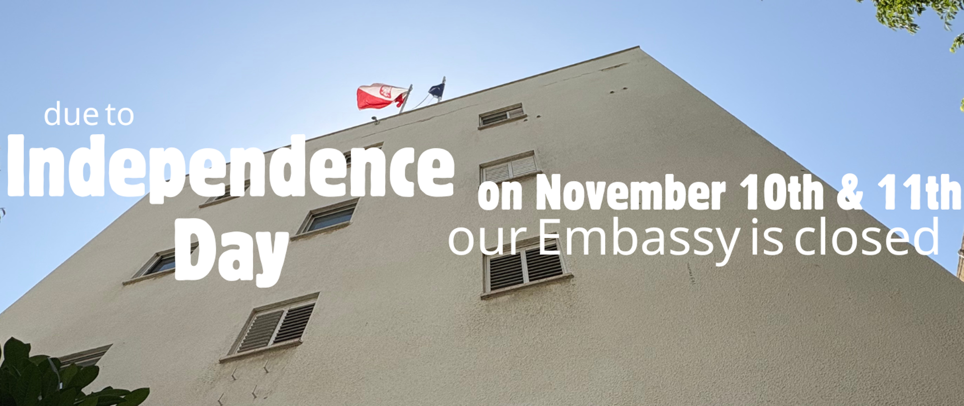 W tle budynek ambasady, na grafice napis