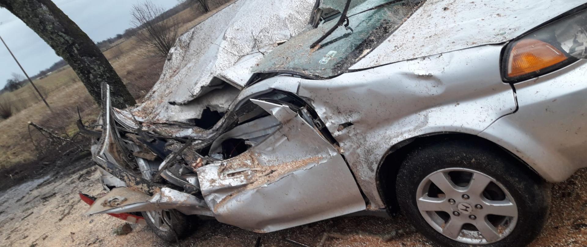 Srebrne auto uszkodzone przez drzewo które spadło na dach pojazdu. całkowicie zniszczony dach.