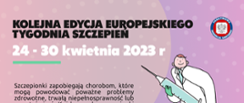 Plakat Europejski Tydzień Szczepień - Ilustracje lekarza ze strzykawką, osoby kaszlącej oraz osoby obserwującej pod mikroskopem