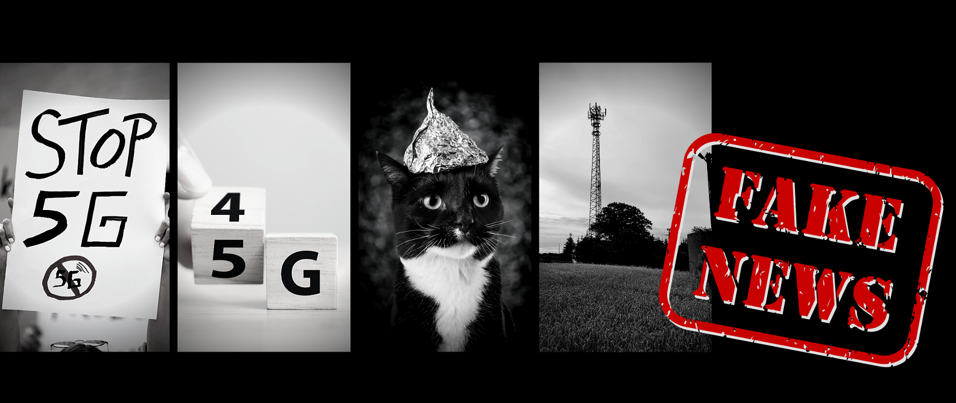 Grafika przestawiająca kolaż zdjęć protestu anty 5G, klocki z napisem 4G 5G, czarnego kota w foliowej czapce, maszt BTS w polu oraz napis "Fake News"