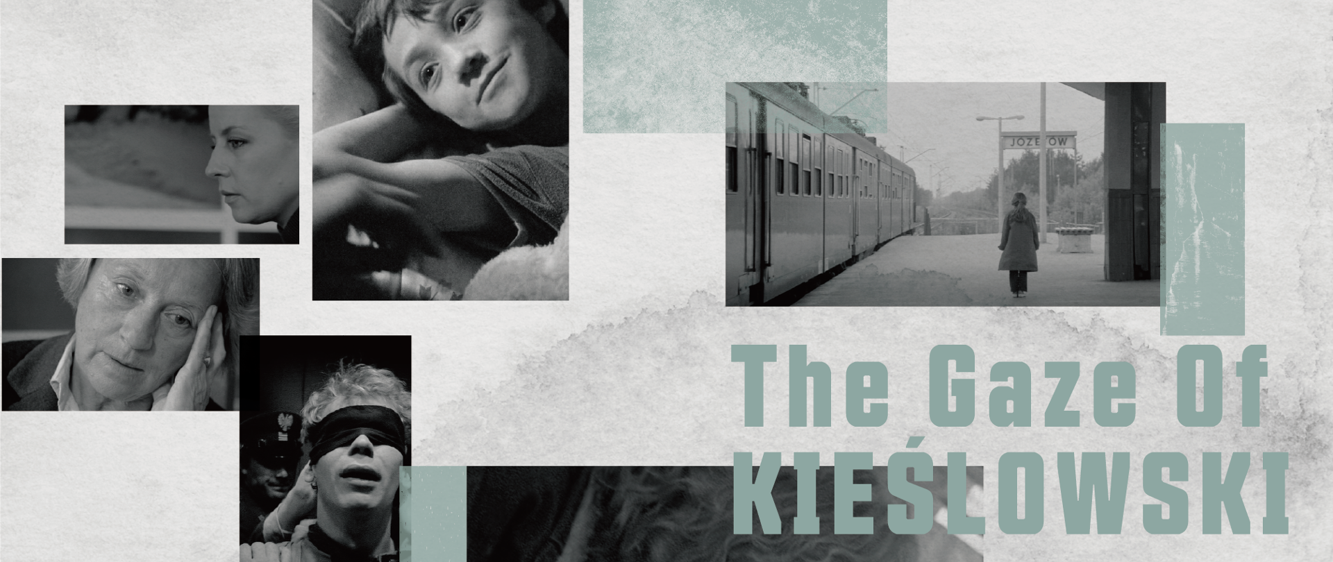 Plakat promujący przegląd filmów Krzysztofa Kieślowskiego „The Gaze of Kieślowski” przedstawia kolaż czarno-białych kadrów z filmów reżysera, rozmieszczonych na jasnym tle z subtelnymi, zielonkawymi elementami graficznymi. Po prawej stronie znajduje się tytuł wydarzenia w języku angielskim, a po lewej jego odpowiednik w języku koreańskim. Wzdłuż prawej krawędzi umieszczono logotypy organizatorów i partnerów wydarzenia.