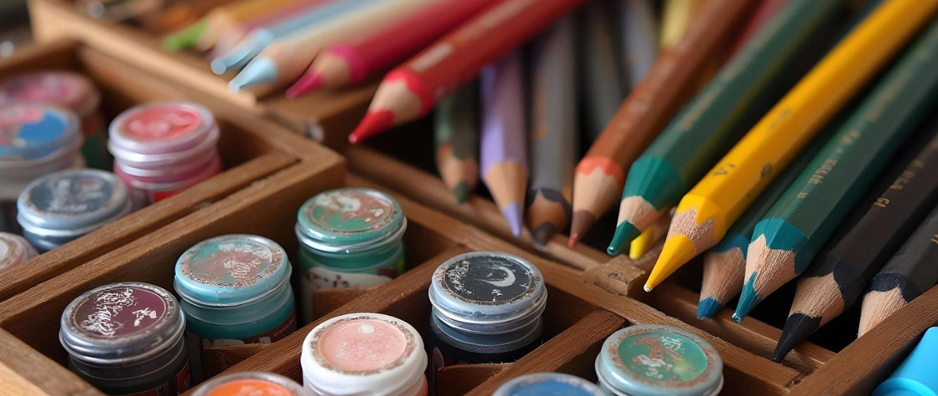 Grafika przedstawia przybornik z ułożonymi kredkami i farbami.