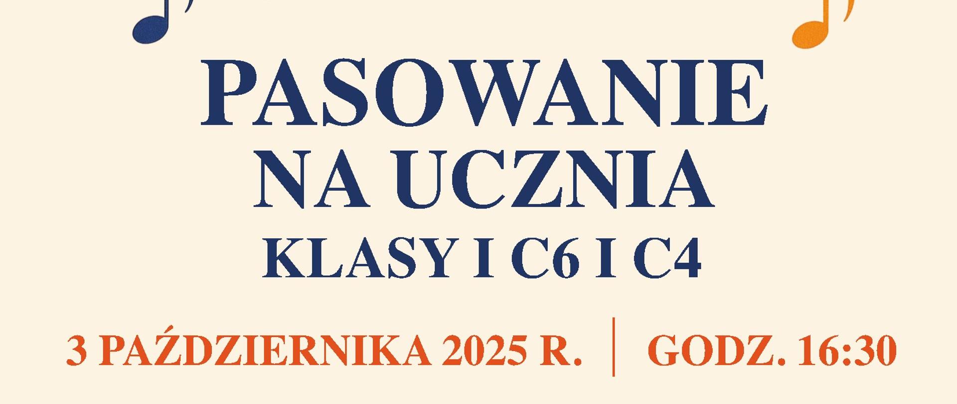 plakat na beżowym tle, treść literami pomarańczowymi i fioletowymi, w centrum wstęga w kolorach tekstu