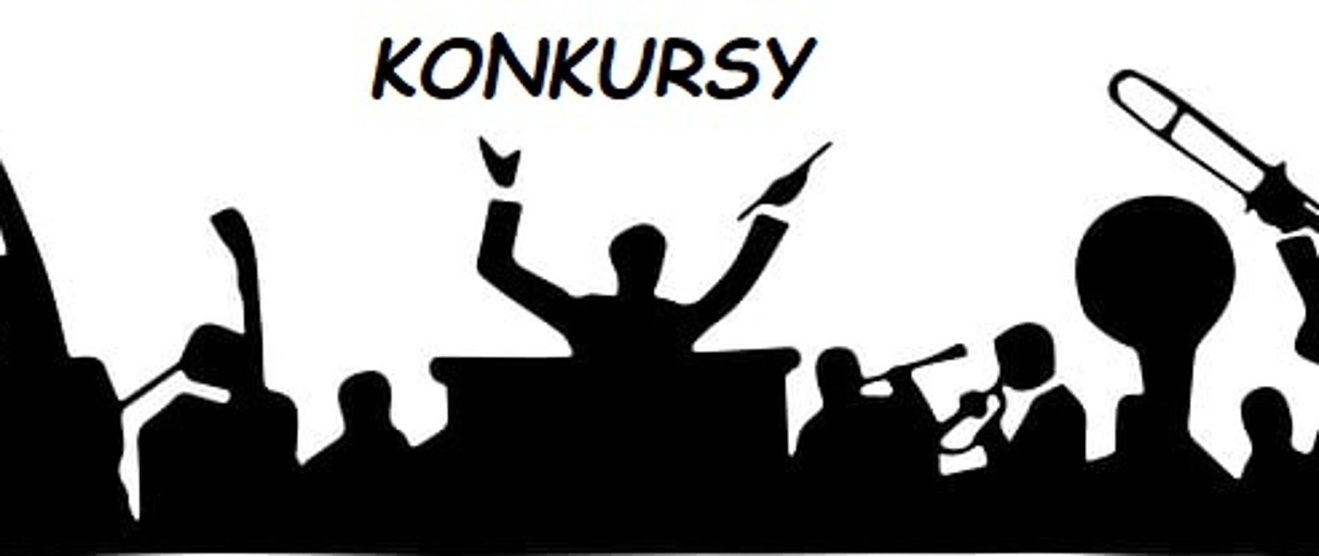 czarno białe zdjęcie orkiestry - grafika i napis konkursy
