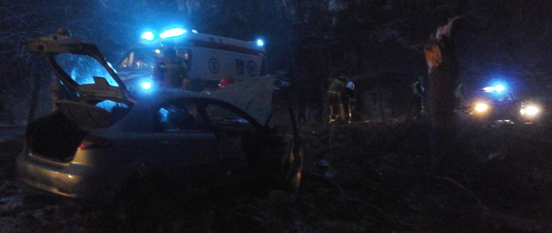 Uszkodzony samochód osobowy stojący w przydrożnym rowie po uderzeniu w drzewo. Konar drzewa złamany. W tle ambulans pogotowia ratunkowego.