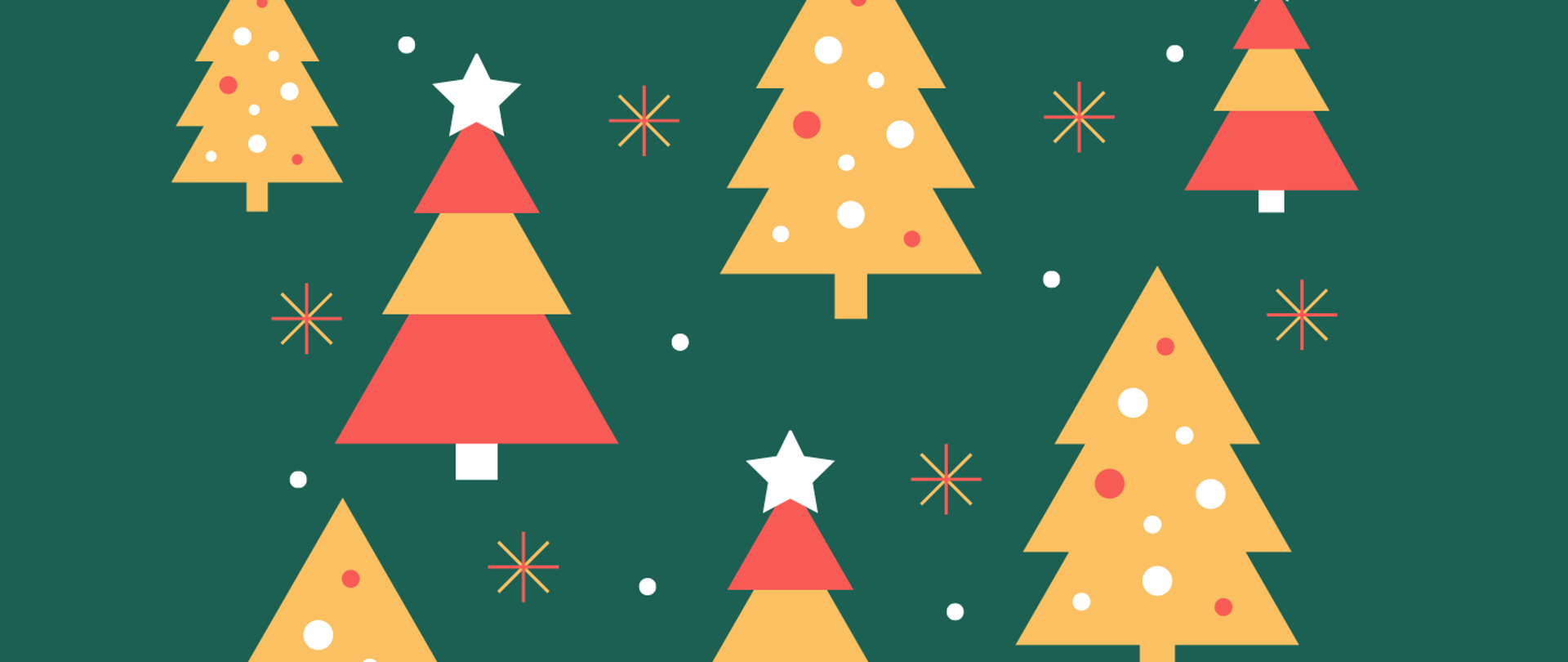 grafika przedstawiająca kolorowe choinki na zielonym tle.