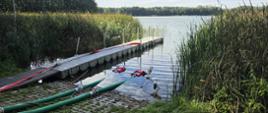 Widok na punkt czerpania wody. W jeziorze dwa smoki pływające na liniach ssawnych pobierające wodę
