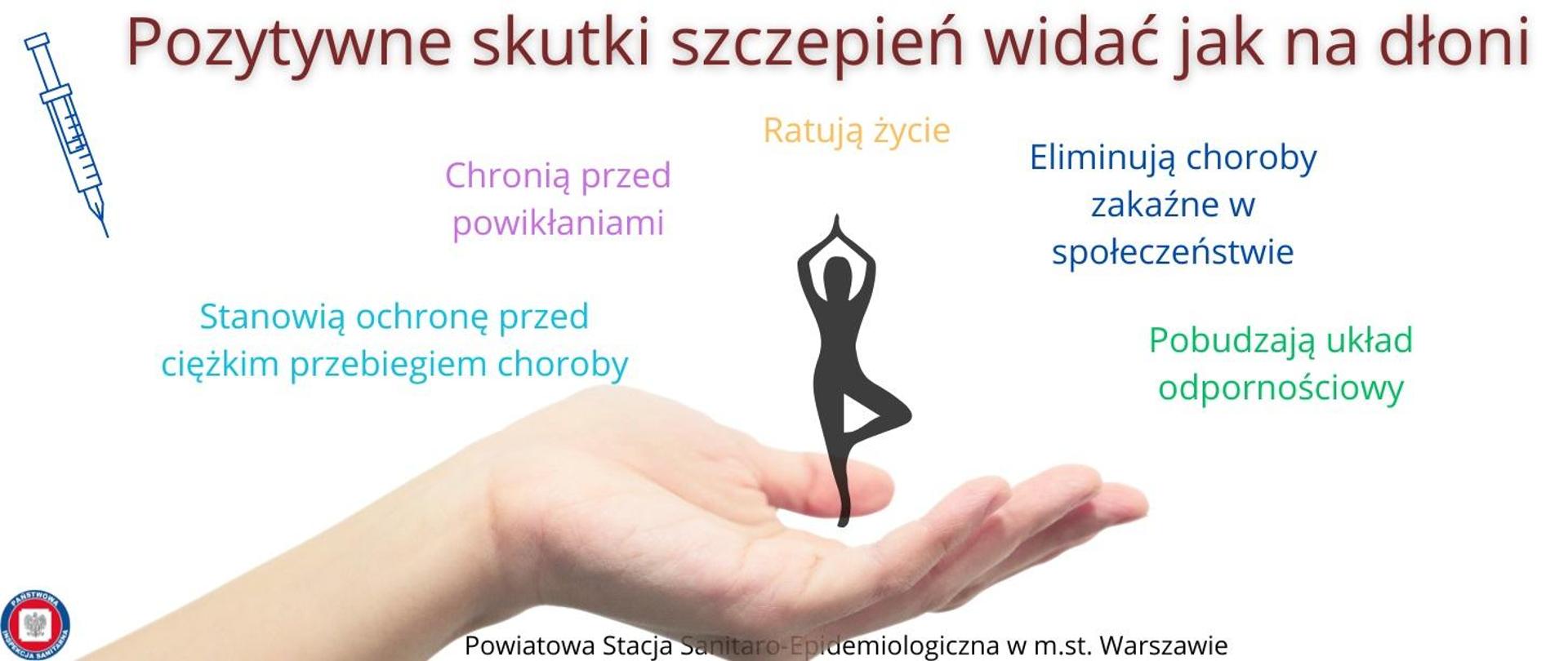 Na obrazie widnieje dłoń, na której stoi na jednej nodze czarna ikona człowieka z uniesionymi i złożonymi rękami. W Lewym Górnym rogu umieszczono grafikę strzykawki.