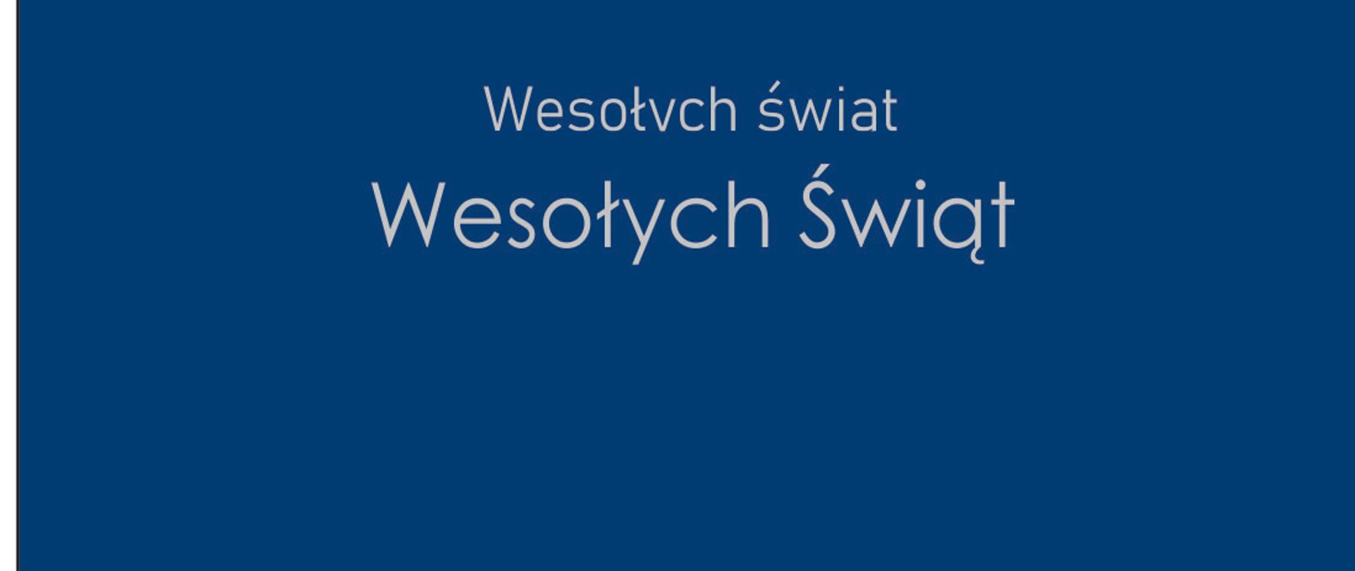 grafika, na białym tle napisy, na niebieskim tle figury geometryczne układające się w choinkę