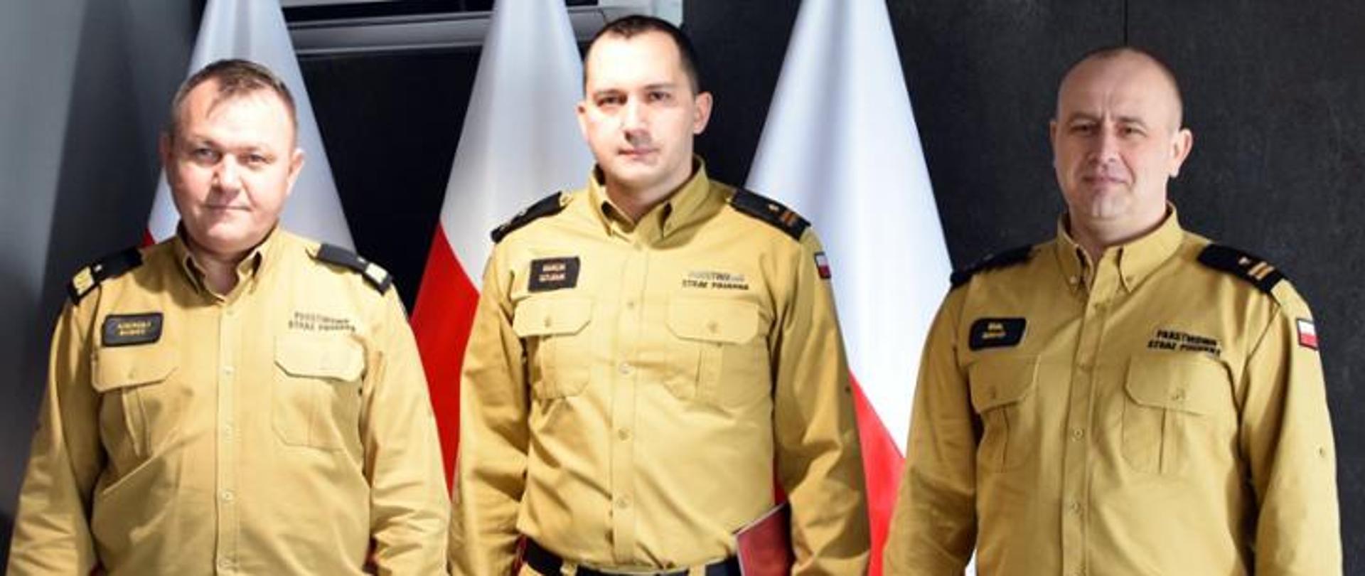 Zdjęcie zrobione wewnątrz pomieszczenia. Na zdjęciu trzech oficerów Państwowej Straży Pożarnej.