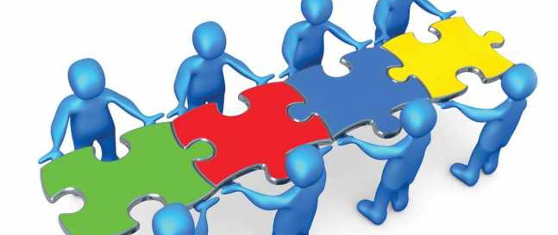 kilka niebieskich postaci stojących w dwurzędzie i trzymających rząd pasujących do siebie kolorowych puzzli