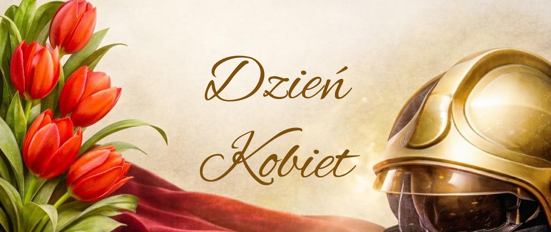 Grafika o charakterze estetycznym, stanowiąca tło dla obchodów Dnia Kobiet w straży pożarnej. Na kompozycji widnieje bukiet żywych, czerwonych tulipanów oraz lśniący, złoty hełm strażacki spoczywający na pofałdowanym, bordowym aksamicie. Na środku umieszczono ozdobny, kaligraficzny napis w języku polskim: „Dzień Kobiet”.