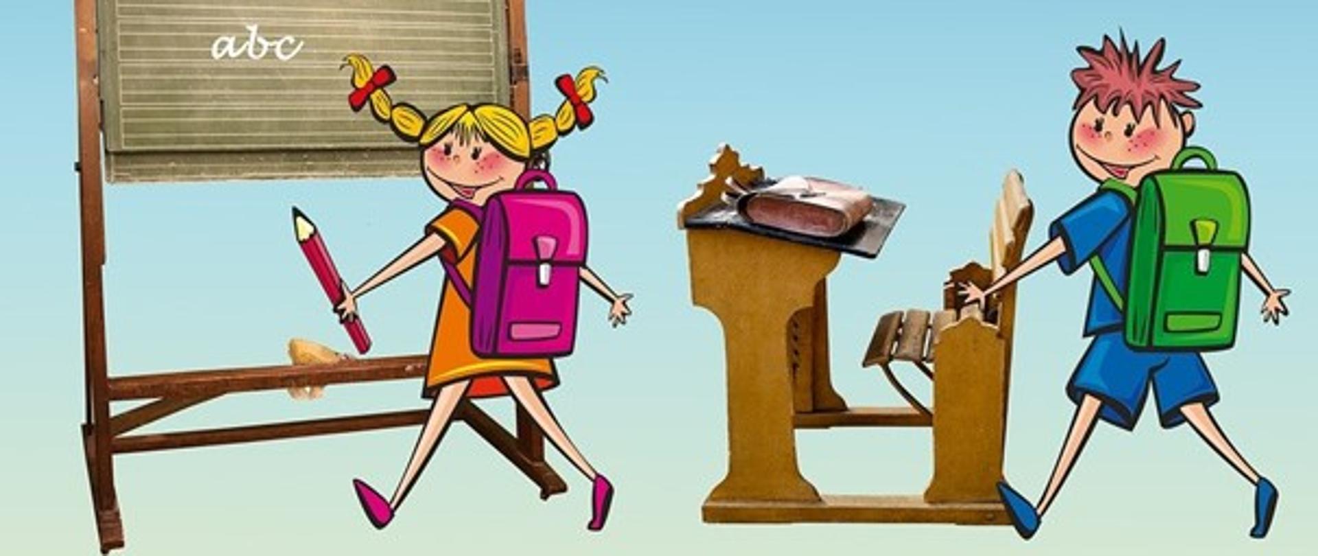 Uczniowie, tablica i ławka