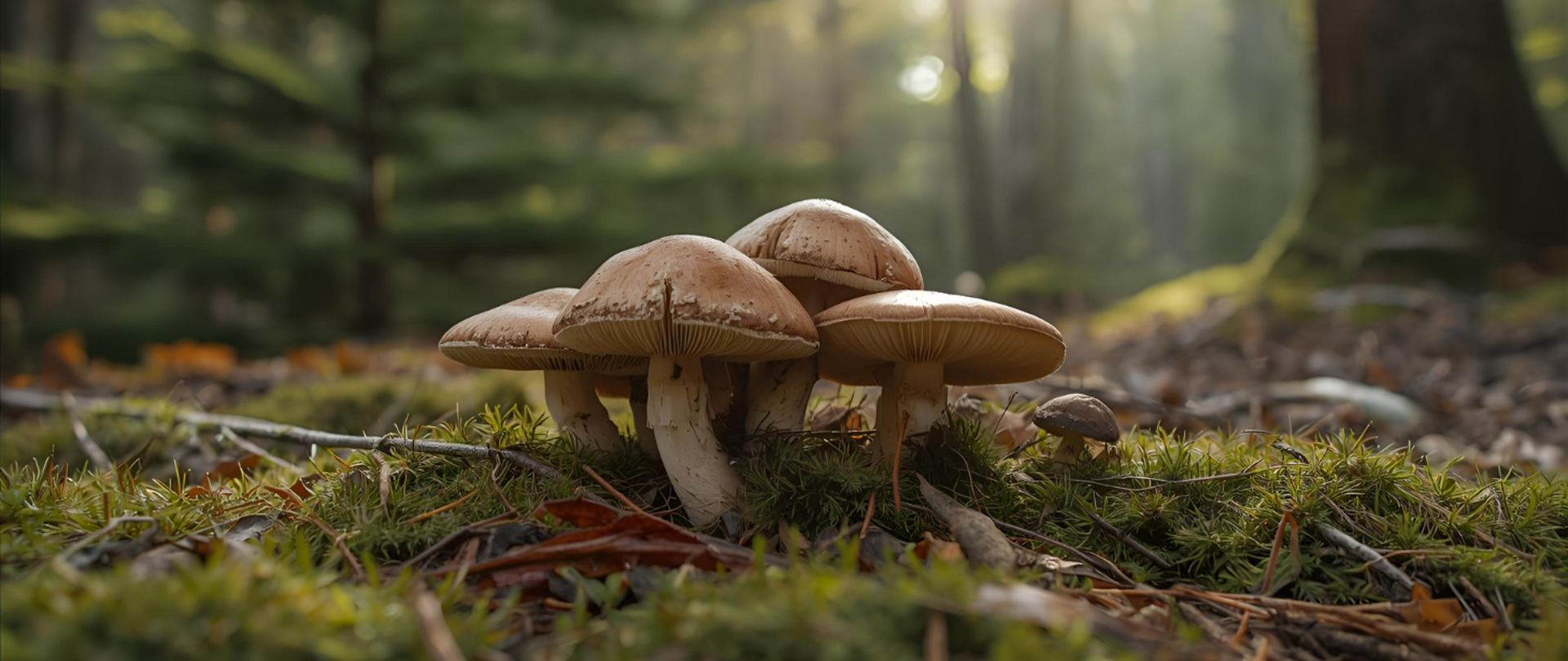 Na zdjęciu widać kilka dorodnych prawdziwków rosnących w leśnej ściółce. Mają brązowe, gładkie kapelusze i jasne, grube trzony. Otacza je miękki zielony mech i suche liście. W tle majaczą drzewa iglaste, przez które przebijają się promienie słońca, tworząc ciepłą i naturalną atmosferę.