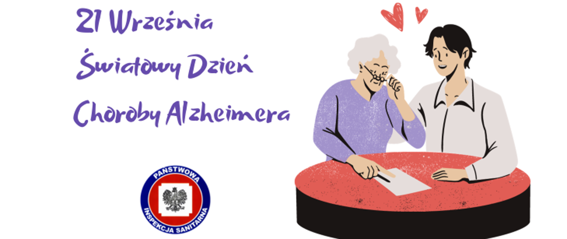 grafika przedstawia staruszkę próbująca cos przeczytać i mołodziec który jej pomaga, Napis: 21 Września Światowy Dzień Choroby Alzheimera 