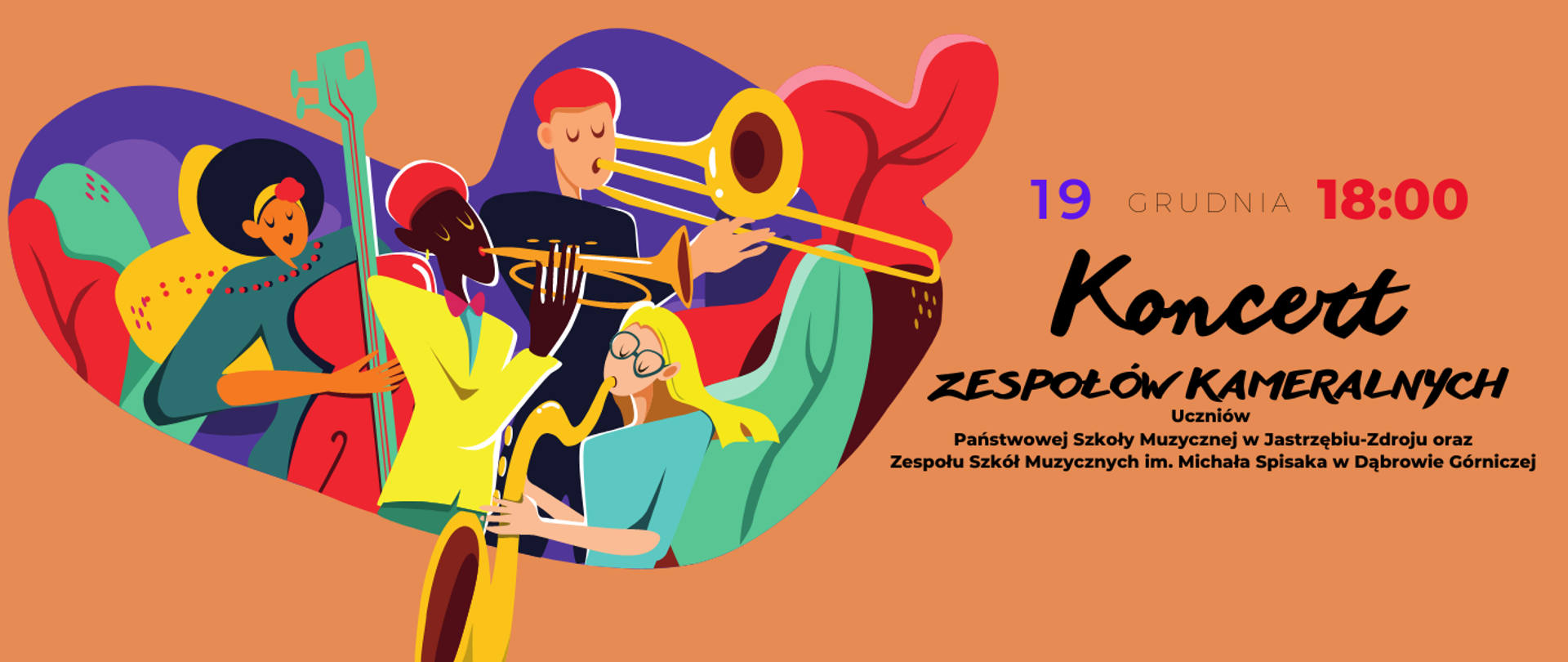 Zaproszenie na koncert zespołów kameralnych 19.12.2022 godz. 18.00 Na pomarańczowym tle grafika z grającymi osobami na różnych instrumentach.