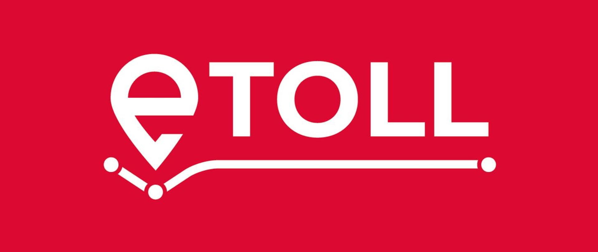 Grafika z logo systemu E-TOLL. Grafika przedstawia litery E TOLL, ułożone kolejno po sobie. Pod literami znajduje się linia, wykrzywiona w początkowej fazie w kształt trójkąta. Przypomina to ścieżkę drogową. Całość zawarta jest na czerwonej planszy. 