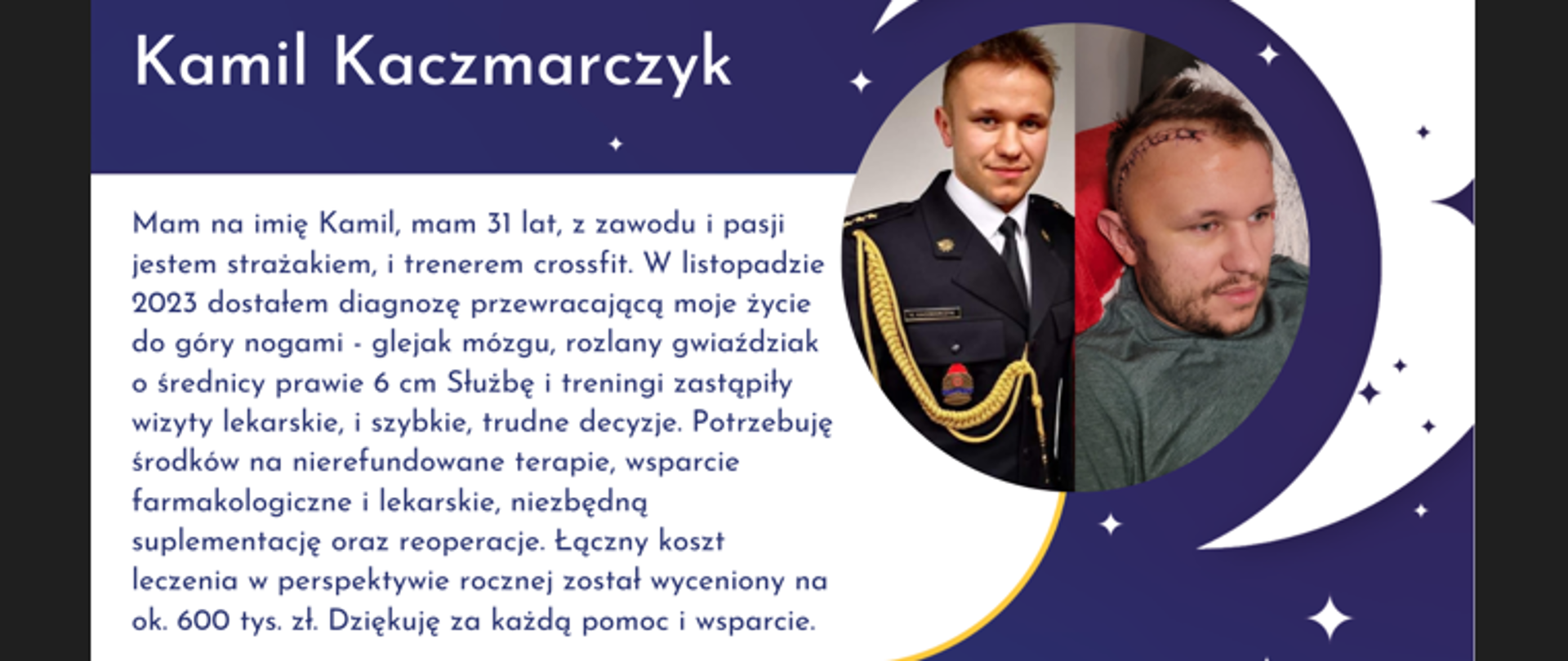 Zdjęcie kpt. Kamila Kaczmarczyka z opisem jego choroby nowotworowej