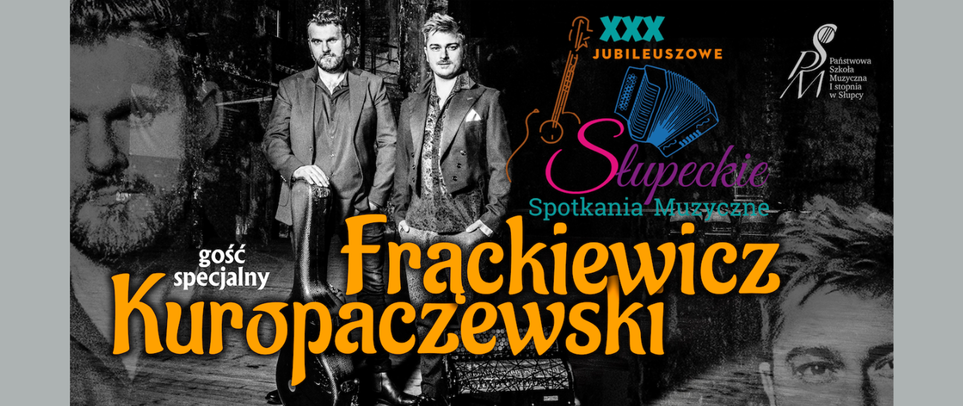 informacje o koncercie, nazwiska wykonawców w żółtym kolorze, dwie postacie z instrumentami w kolorze odcieni szarości, kolorowe logo Słupeckich Spotkań Muzycznych, tło również w odcieniach szarości