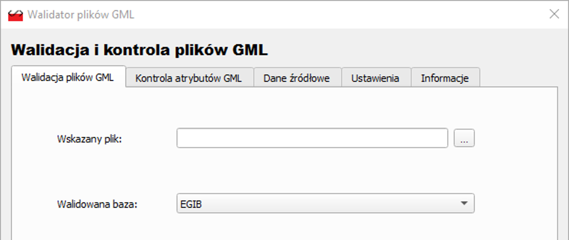Ilustracja przedstawia zrzut okna wtyczki Walidator plików GML w oprogramowaniu QGIS - zakładki Walidacja plików GML