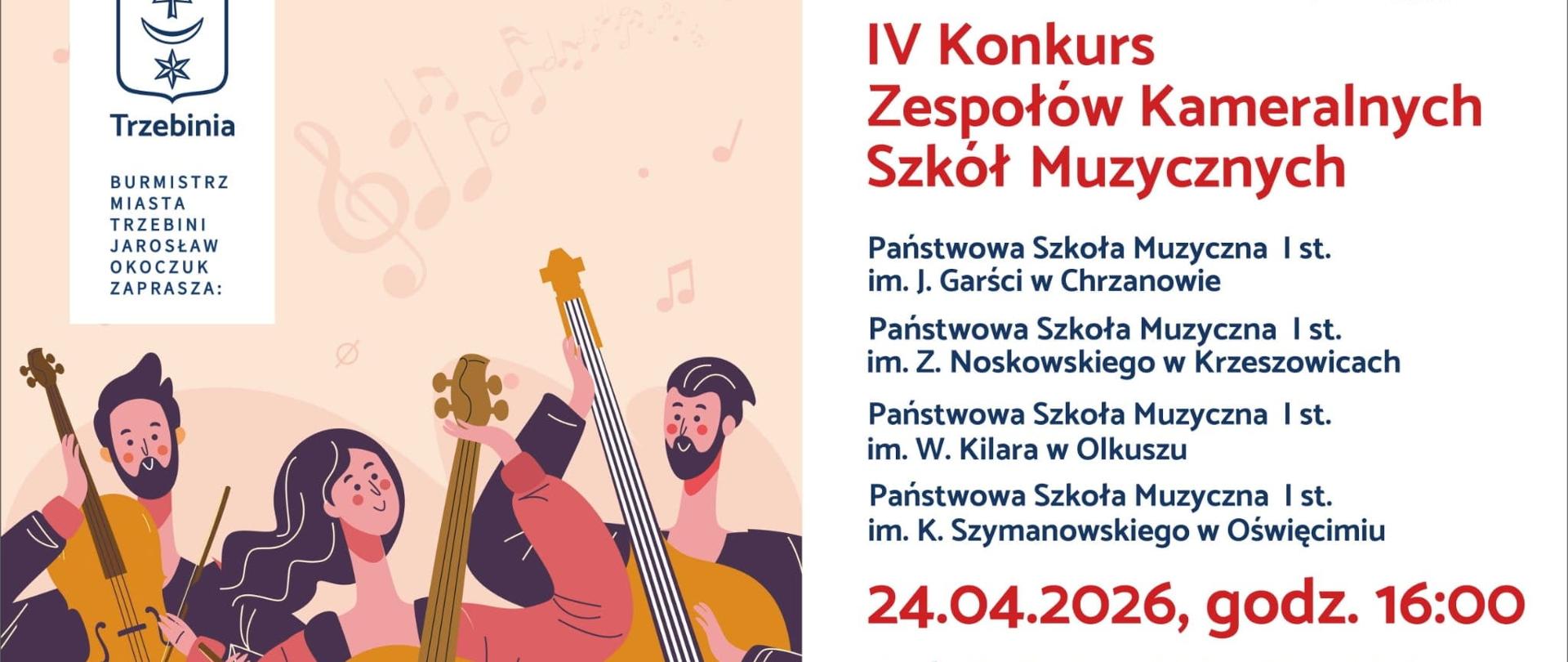 Afisz Konkurs Zespołów Kameralnych Trzebinia. Napis informacyjny, po lewej obrazek muzyczny.
