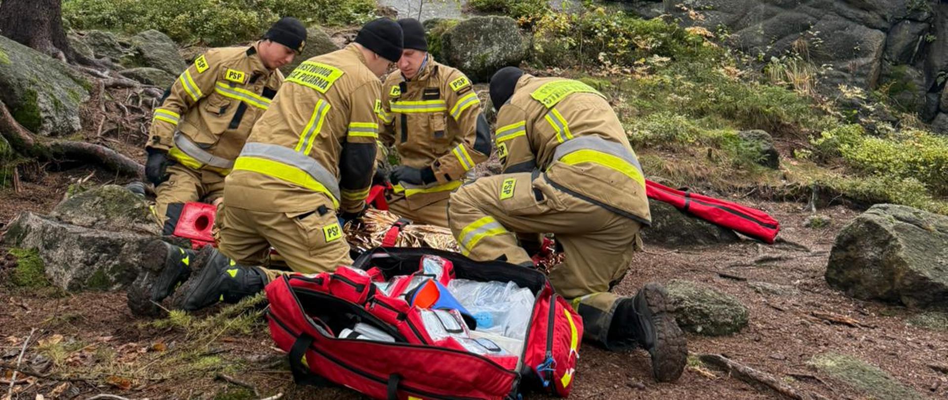 Strażacy udzielający pomocy poszkodowanemu