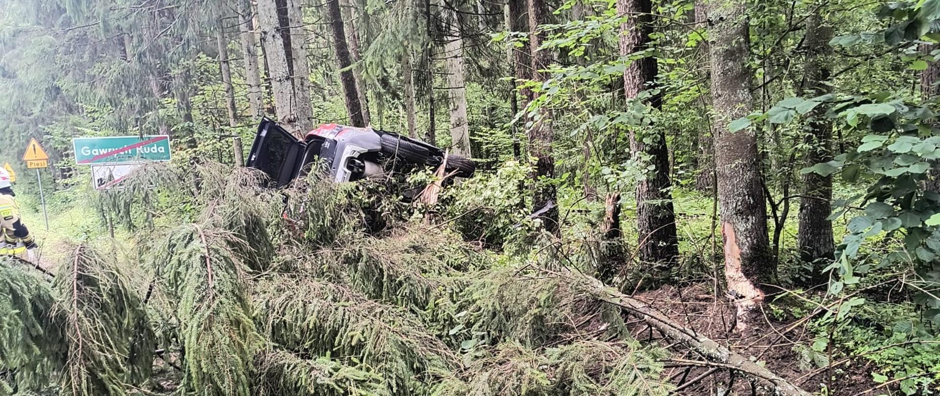 Zdjęcia w oddali samochodu leżącego na drzewie